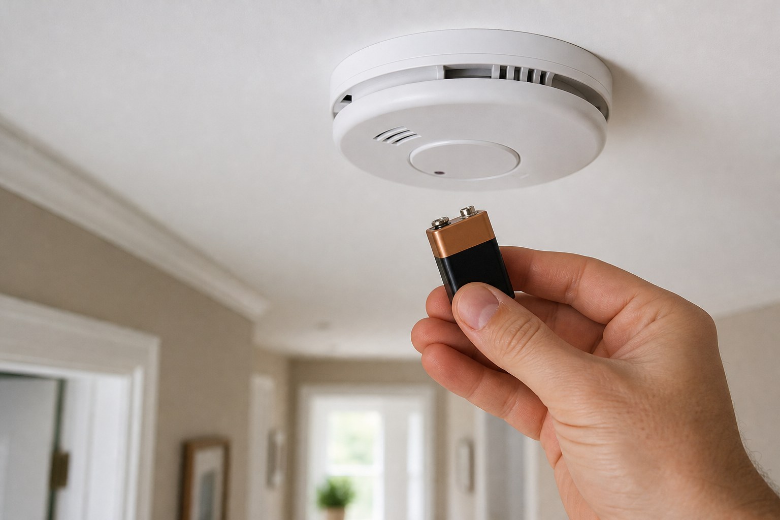 Fresh battery held beneath an intact ceiling smoke alarm