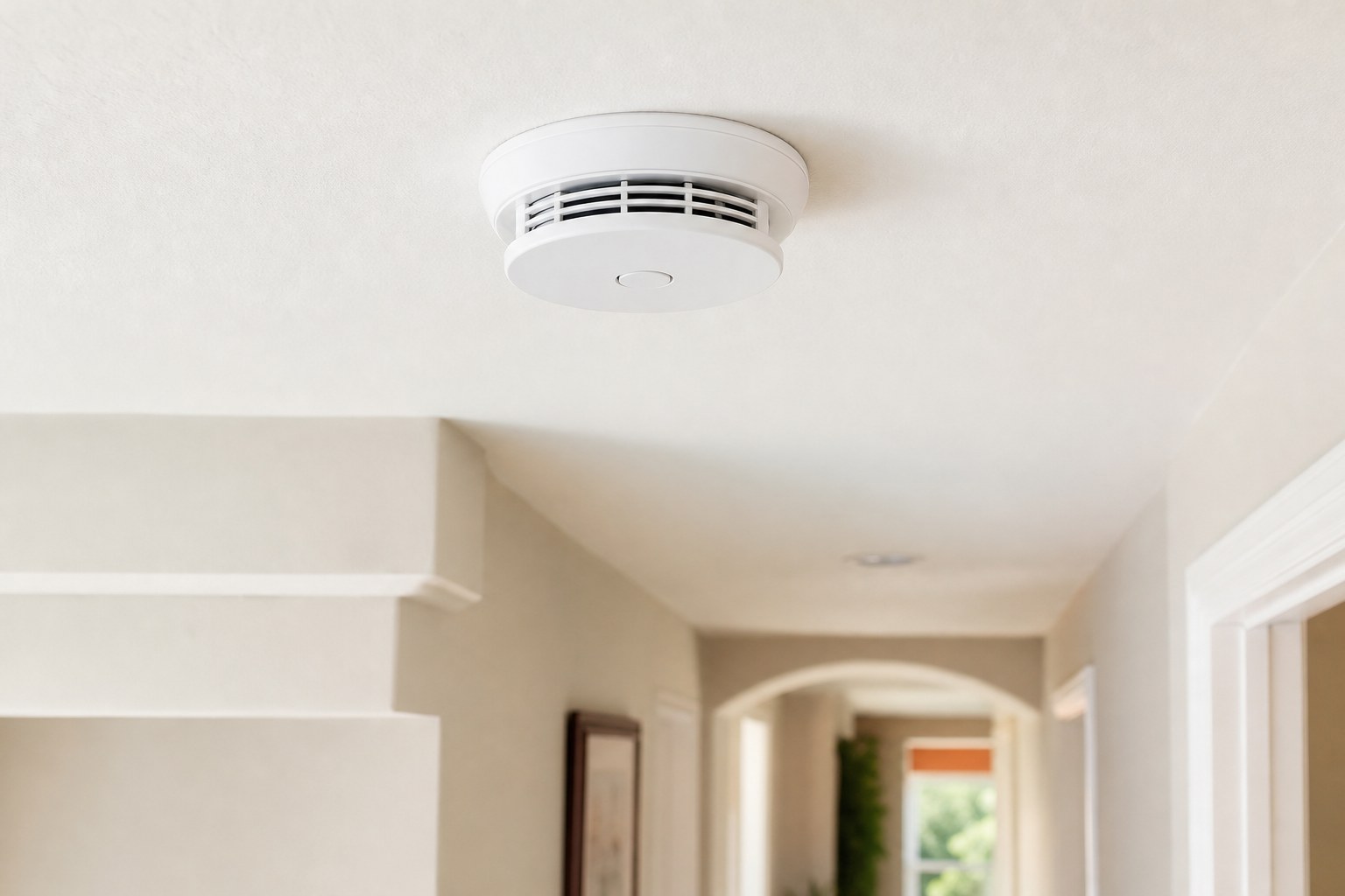 White smoke alarm on a residential ceiling