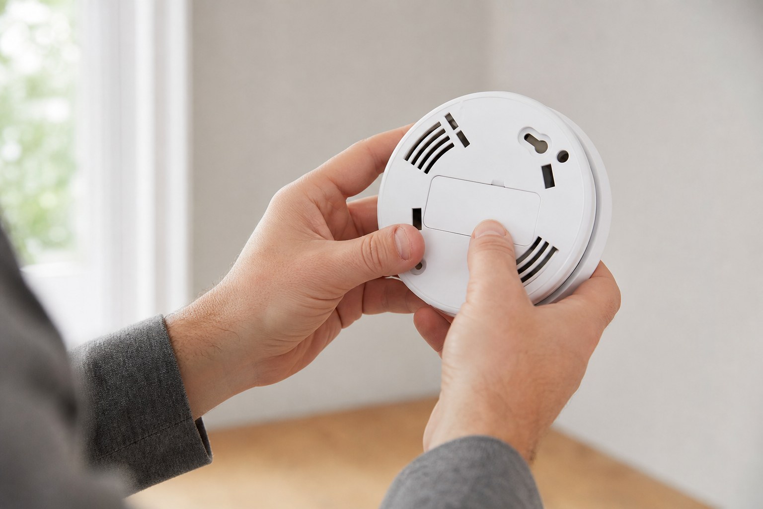 Homeowner checking the back of a smoke alarm for its manufacturing date