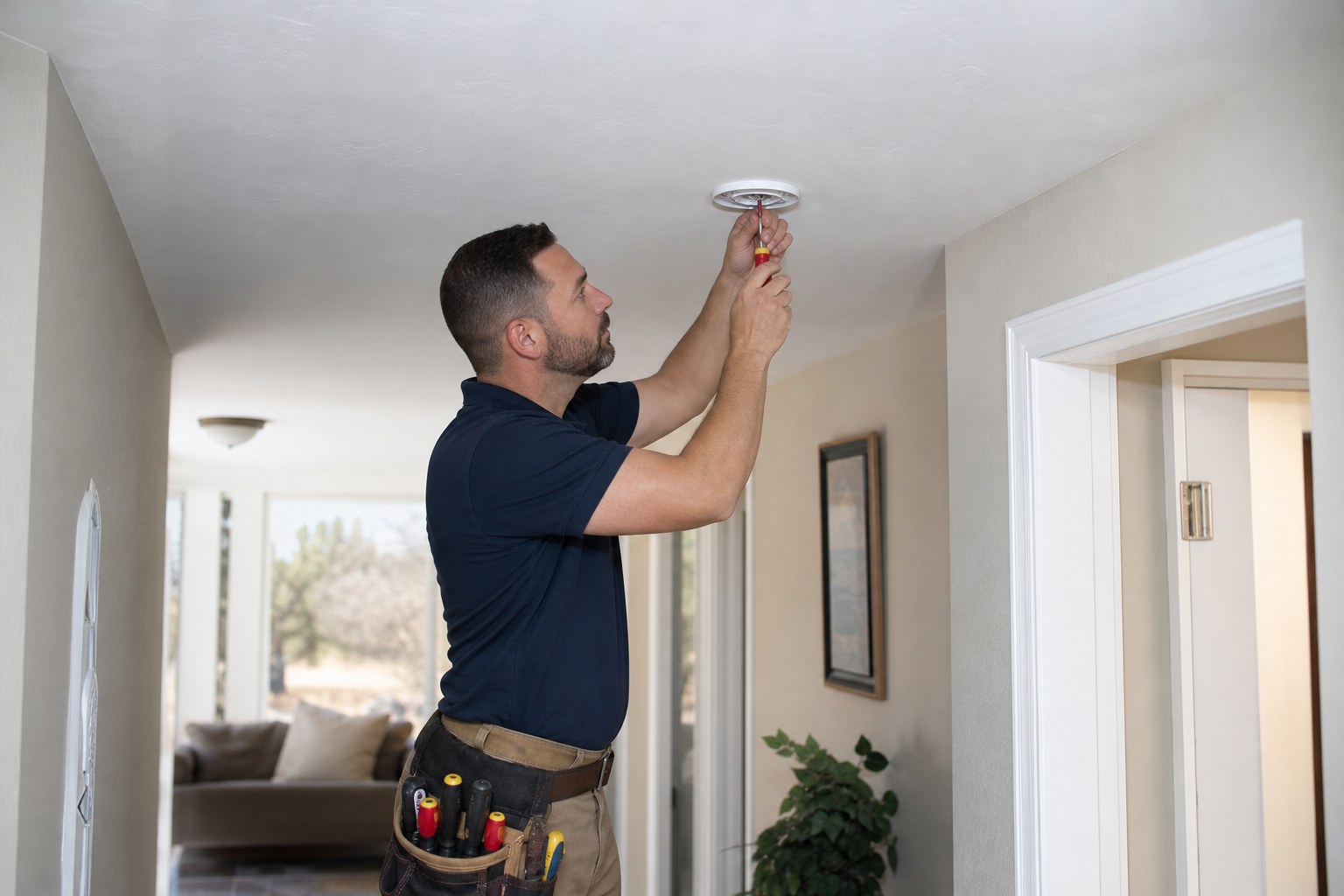 Electrician professionally inspecting a hardwired ceiling smoke alarm